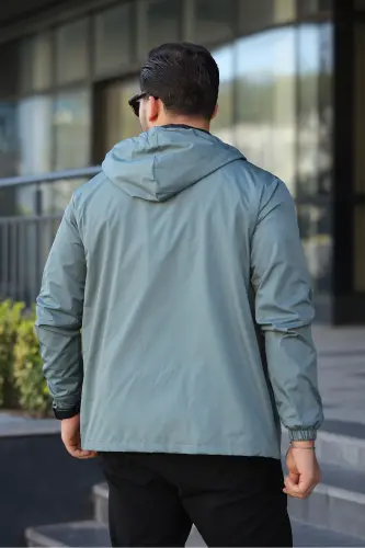Erkek İçi Astarlı Suya Dayanıklı Kapüşonlu Cepli Yağmurluk-Mint - 5