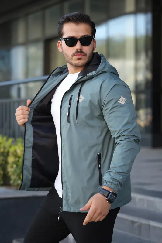 Erkek İçi Astarlı Suya Dayanıklı Kapüşonlu Cepli Yağmurluk-Mint - COMSTAR