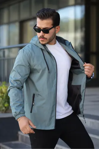 Erkek İçi Astarlı Suya Dayanıklı Kapüşonlu Cepli Yağmurluk-Mint - 2