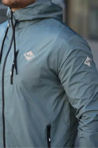 Erkek İçi Astarlı Suya Dayanıklı Kapüşonlu Cepli Yağmurluk-Mint - 4