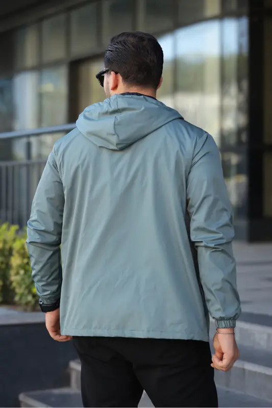 Erkek İçi Astarlı Suya Dayanıklı Kapüşonlu Cepli Yağmurluk-Mint - 5
