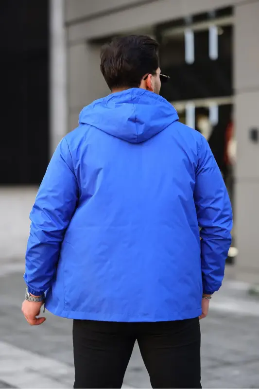 Erkek Içi Astarlı Suya Dayanıklı Kapüşonlu Cepli Yağmurluk-SAKS MAVİ - 4