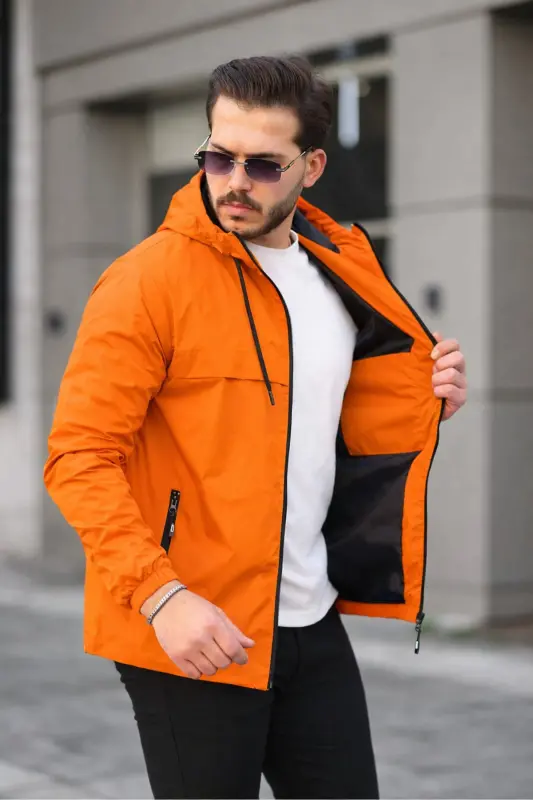 Erkek Içi Astarlı Suya Dayanıklı Kapüşonlu Cepli Yağmurluk-Turuncu - COMSTAR