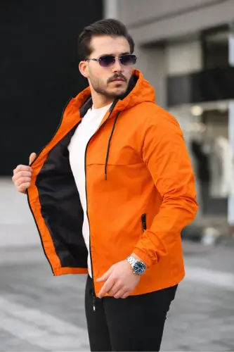 Erkek Içi Astarlı Suya Dayanıklı Kapüşonlu Cepli Yağmurluk-Turuncu - 3