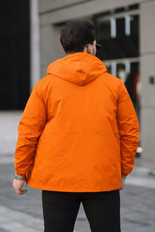 Erkek Içi Astarlı Suya Dayanıklı Kapüşonlu Cepli Yağmurluk-Turuncu - 5