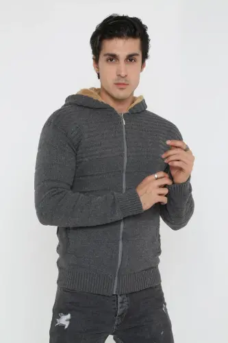 Erkek Gri Içi Kürklü Kapsonlu Triko Örme Hırka-gri - 1