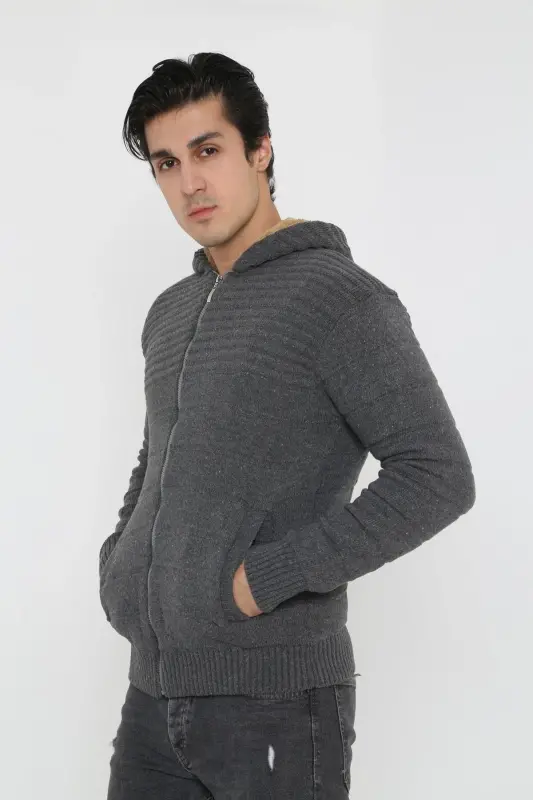 Erkek Gri Içi Kürklü Kapsonlu Triko Örme Hırka-gri - 3