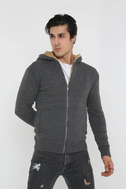 Erkek Gri Içi Kürklü Kapsonlu Triko Örme Hırka-gri - 4