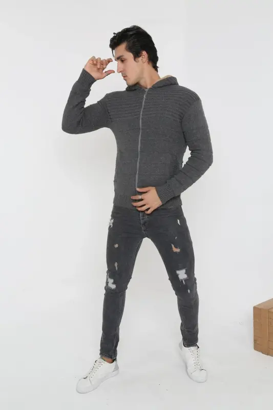 Erkek Gri Içi Kürklü Kapsonlu Triko Örme Hırka-gri - 7