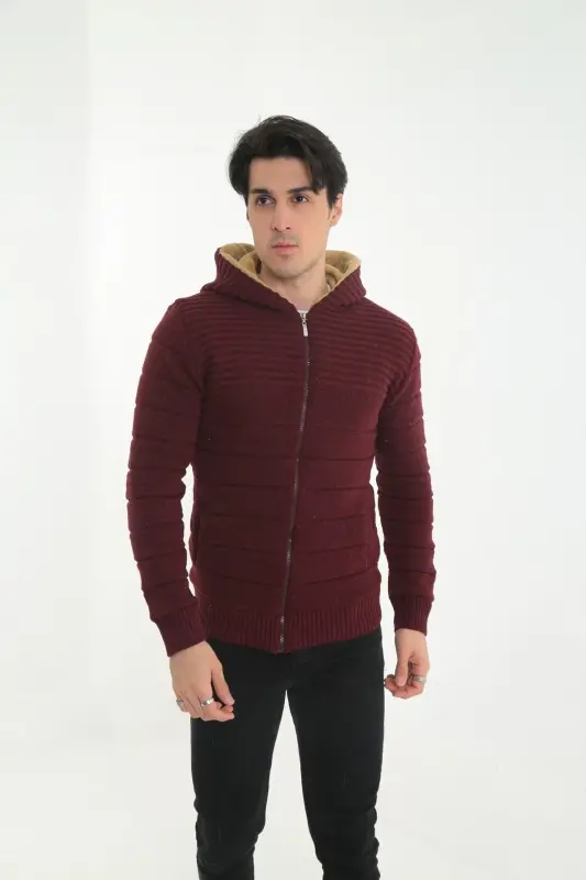 Erkek Içi Kürklü Kapşonlu Spor Hırka-bordo - 2