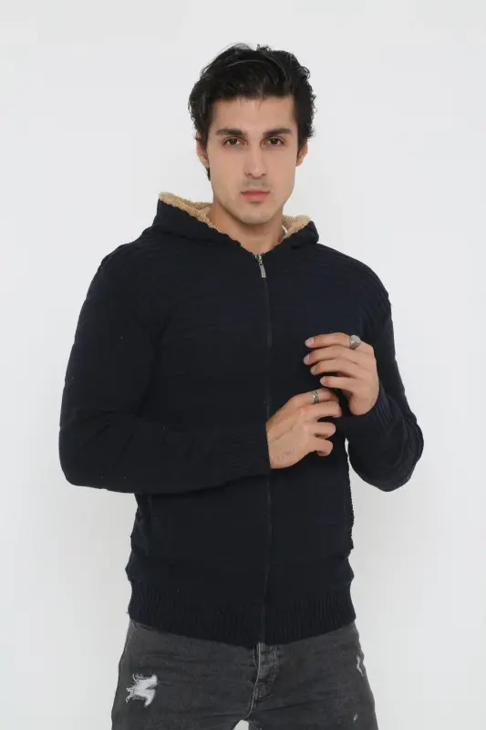 Erkek Içi Kürklü Kapşonlu Spor Hırka-lacivert - 1