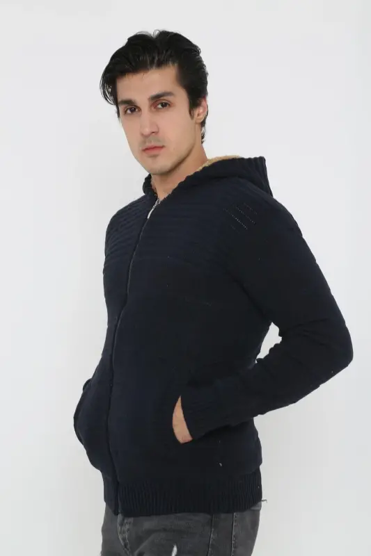 Erkek Içi Kürklü Kapşonlu Spor Hırka-lacivert - 2