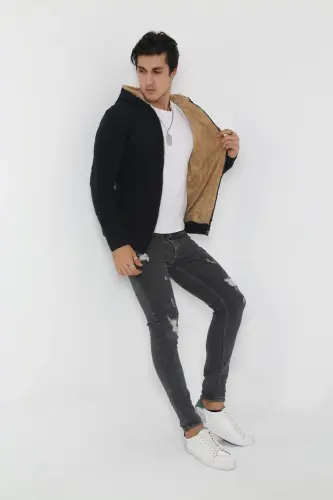 Erkek Içi Kürklü Kapşonlu Spor Hırka-lacivert - 3