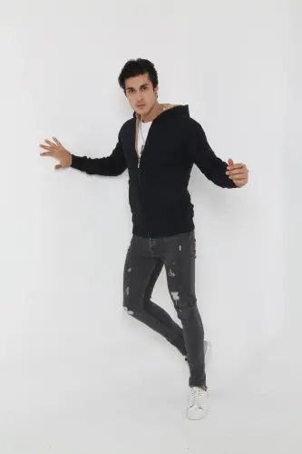 Erkek Içi Kürklü Kapşonlu Spor Hırka-lacivert - 4