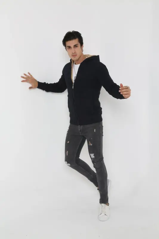 Erkek Içi Kürklü Kapşonlu Spor Hırka-lacivert - 4