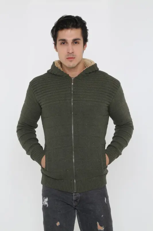 Erkek İçi Kürklü Kapüşonlu Spor Hırka-haki - 2