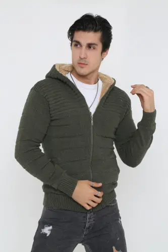 Erkek İçi Kürklü Kapüşonlu Spor Hırka-haki - 3