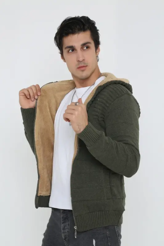 Erkek İçi Kürklü Kapüşonlu Spor Hırka-haki - 4