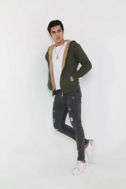 Erkek İçi Kürklü Kapüşonlu Spor Hırka-haki - 6