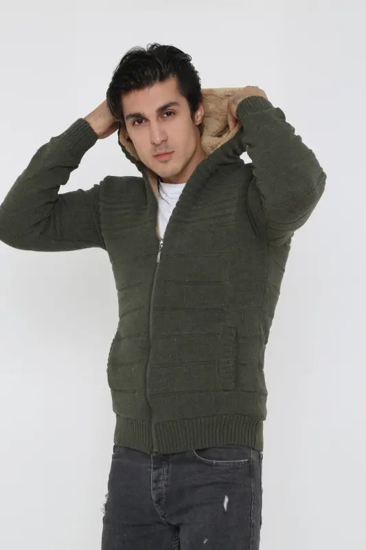 Erkek İçi Kürklü Kapüşonlu Spor Hırka-haki - 1