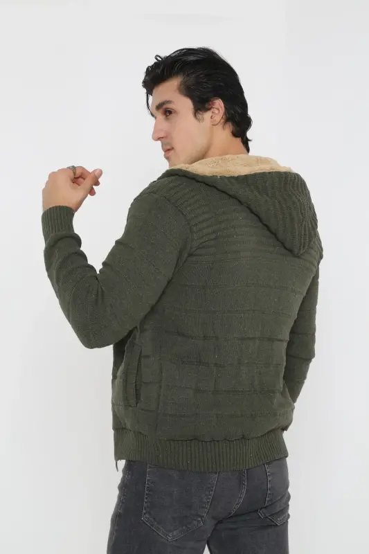 Erkek İçi Kürklü Kapüşonlu Spor Hırka-haki - 5