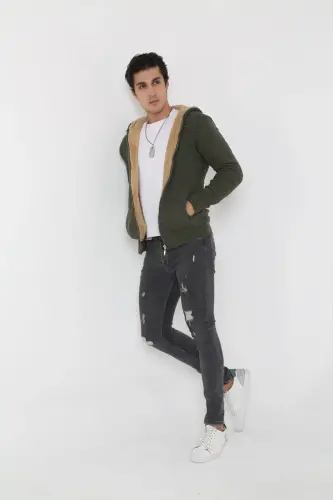 Erkek İçi Kürklü Kapüşonlu Spor Hırka-haki - 6