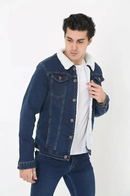 Erkek Içi Kürklü Kot Ceket-K.MAVİ - 4