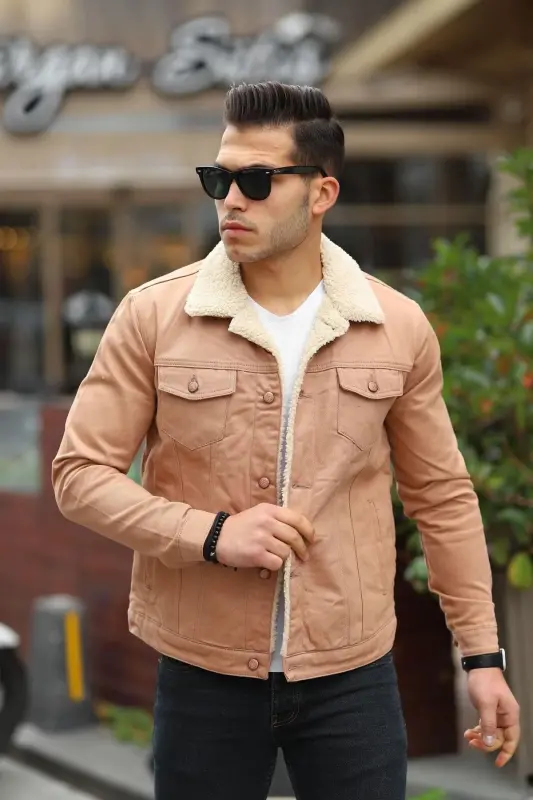 Erkek Içi Kürklü Kot Ceket-SÜTLÜ KAHVE - 4