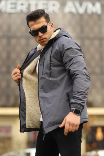 Erkek Içi Kürklü Suya Dayanıklı Kapüşonlu Cepli Yağmurluk-K.GRİ - 3