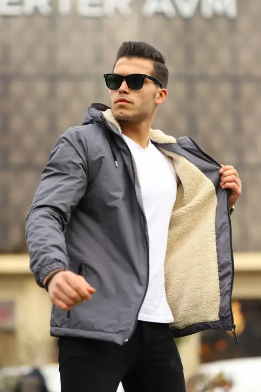 Erkek Içi Kürklü Suya Dayanıklı Kapüşonlu Cepli Yağmurluk-K.GRİ - 6