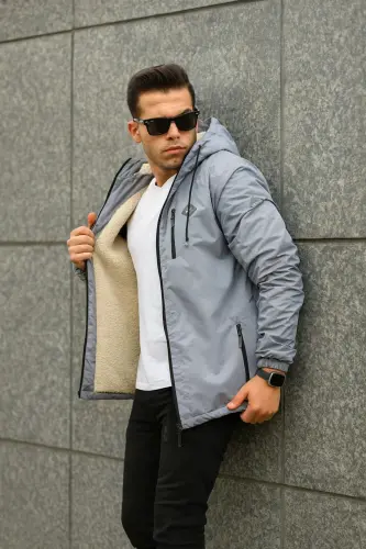 Erkek Içi Kürklü Suya Dayanıklı Kapüşonlu Cepli Yağmurluk-GRİ - 4