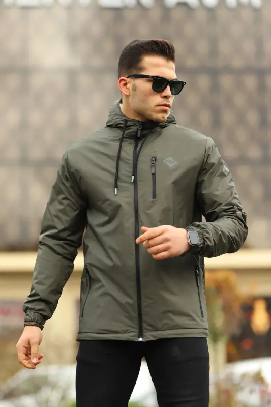 Erkek Içi Kürklü Suya Dayanıklı Kapüşonlu Cepli Yağmurluk Haki-HAKİ - 2