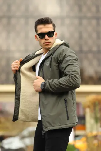 Erkek Içi Kürklü Suya Dayanıklı Kapüşonlu Cepli Yağmurluk Haki-HAKİ - 3