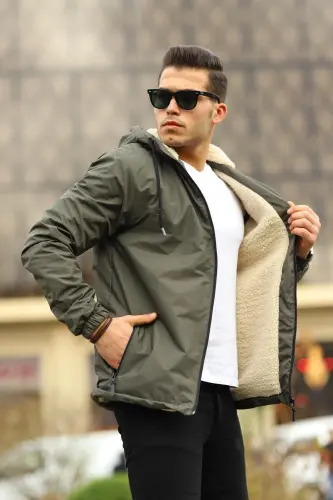 Erkek Içi Kürklü Suya Dayanıklı Kapüşonlu Cepli Yağmurluk Haki-HAKİ - 6