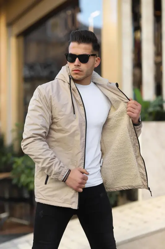 Erkek Içi Kürklü Suya Dayanıklı Kapüşonlu Cepli Yağmurluk-Taş - COMSTAR