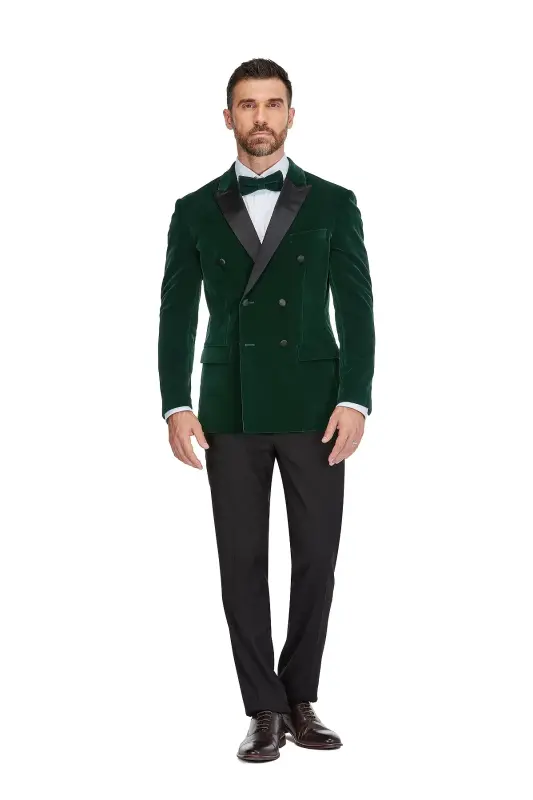 Men's 2 Piece Double Breasted Velvet Birdseye Lapel Slim Fit Tuxedo - Hunter green - 1