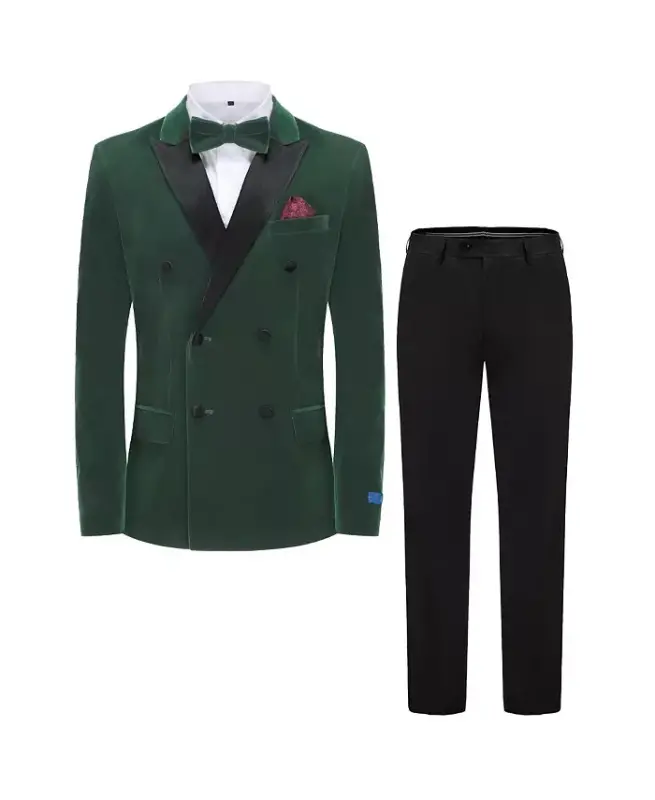 Men's 2 Piece Double Breasted Velvet Birdseye Lapel Slim Fit Tuxedo - Hunter green - 5