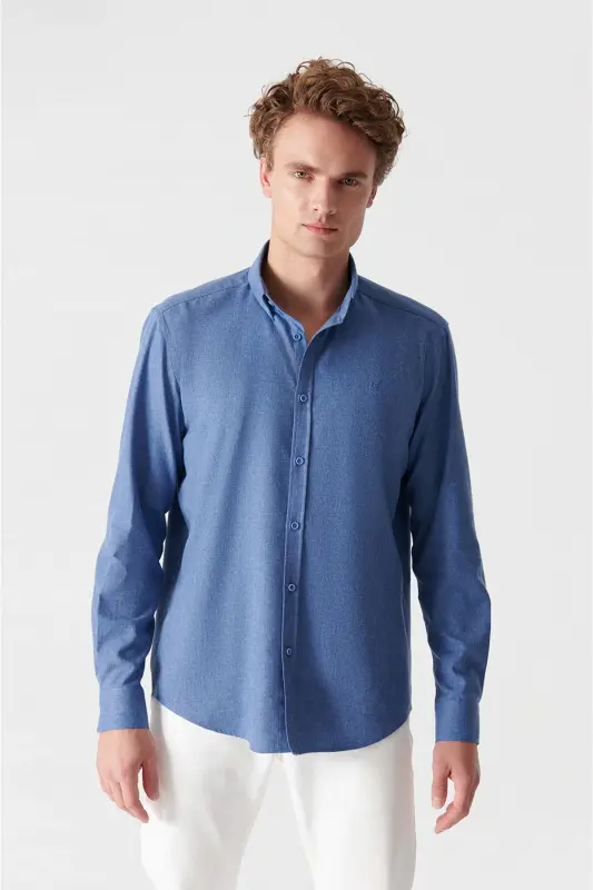 Erkek İndigo Basic Düğmeli Yaka Pamuklu Gömlek E002003-İndigo - AVVA