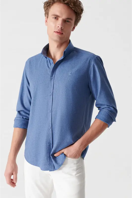 Erkek İndigo Basic Düğmeli Yaka Pamuklu Gömlek E002003-İndigo - 3