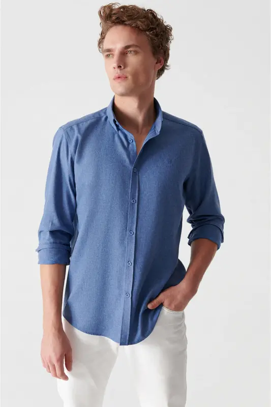 Erkek İndigo Basic Düğmeli Yaka Pamuklu Gömlek E002003-İndigo - 4