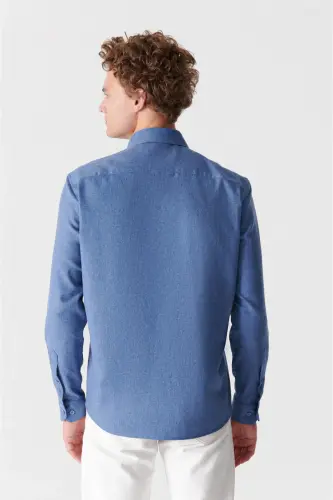 Erkek İndigo Basic Düğmeli Yaka Pamuklu Gömlek E002003-İndigo - 5