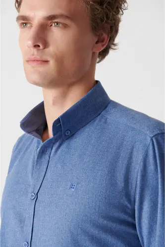 Erkek İndigo Basic Düğmeli Yaka Pamuklu Gömlek E002003-İndigo - 2