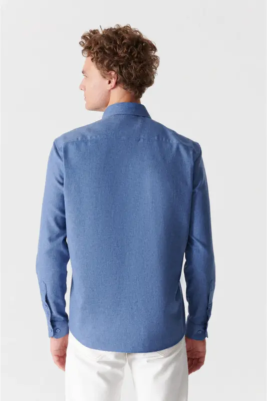 Erkek İndigo Basic Düğmeli Yaka Pamuklu Gömlek E002003-İndigo - 5