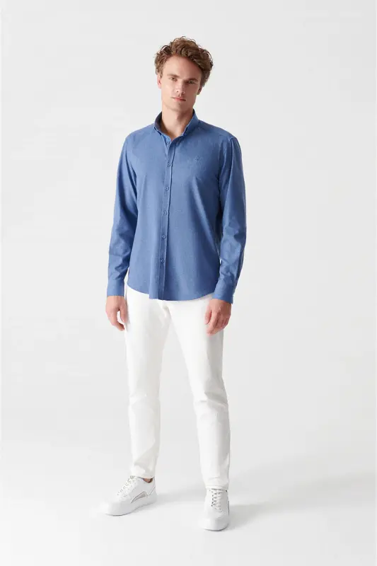 Erkek İndigo Basic Düğmeli Yaka Pamuklu Gömlek E002003-İndigo - 6