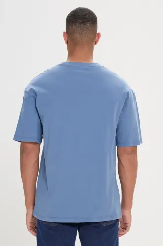 Erkek İndigo Loose Fit Bol Kesim %100 Pamuk Baskılı Bisiklet Yaka Tişört - İndigo - 7
