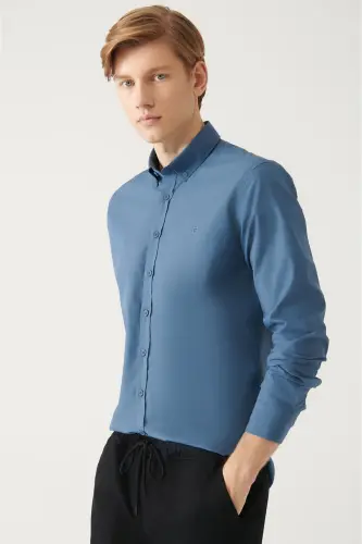 Erkek İndigo Düğmeli Yaka Basic %100 Pamuk Slim Fit Gömlek B002030 - İndigo - 3