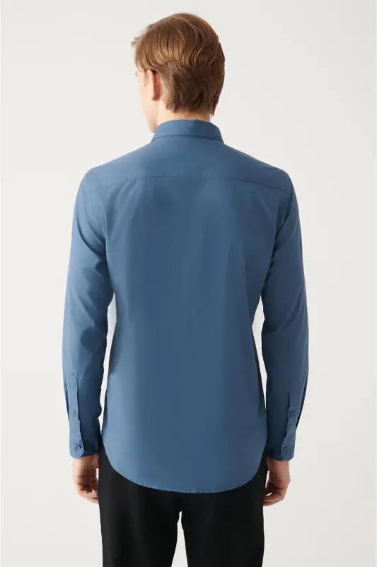 Erkek İndigo Düğmeli Yaka Basic %100 Pamuk Slim Fit Gömlek B002030 - İndigo - 4