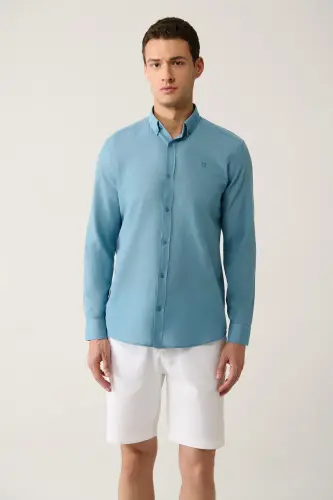 Erkek İndigo Düğmeli Yaka Pamuk İnce Regular Fit Gömlek E002206-İndigo 