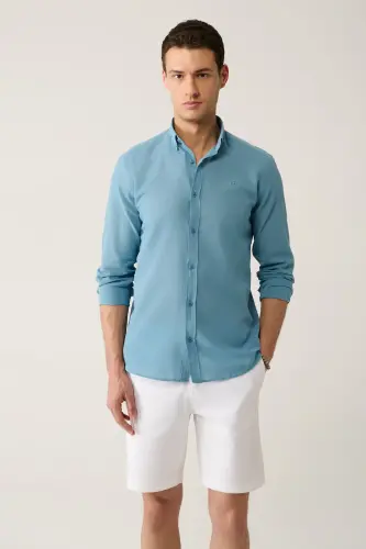 Erkek İndigo Düğmeli Yaka Pamuk İnce Regular Fit Gömlek E002206-İndigo - 3