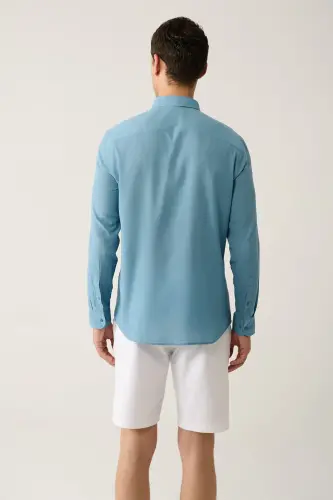 Erkek İndigo Düğmeli Yaka Pamuk İnce Regular Fit Gömlek E002206-İndigo - 4